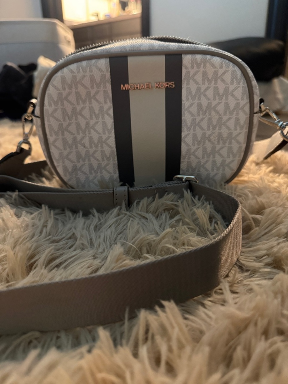 Michael Kors Neutral Stripe MK Logo Crossbody with Gold Logo